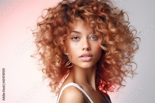 beautiful young woman with red curly hair at camera