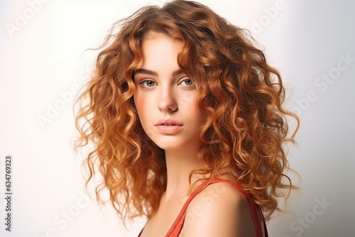 beautiful young woman with red curly hair at camera