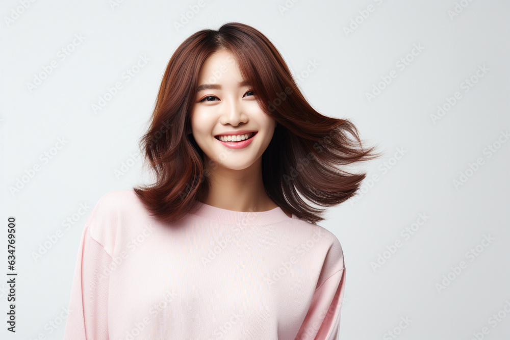 korean woman college student on a gray background with white shirt korean woman college student on a gray background with white shirt