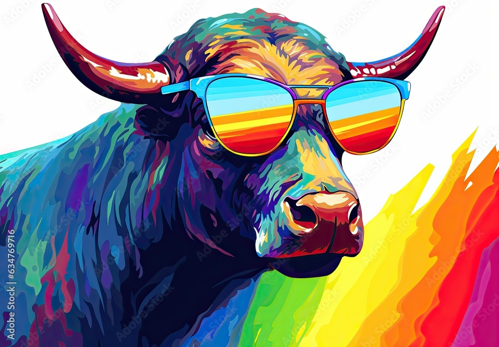 Portrait of funny cow with sunglasses. Concept of humor. Illustration for cover, card, postcard, interior design, decor or print.