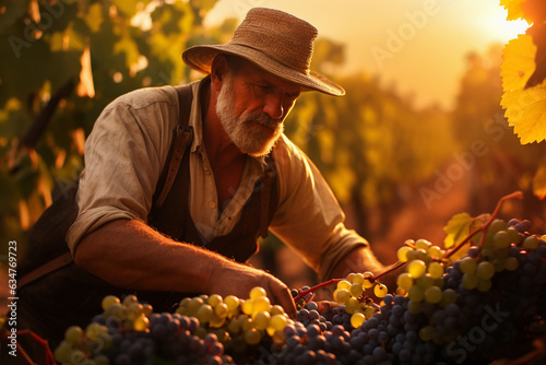Farmer harvesting grapes in a field. Harvesting and agricultural concept