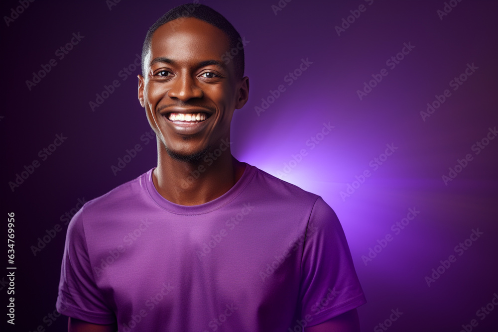 a happy man dressed in purple t shirt is smiling against a background a happy man dressed in purple t shirt is smiling against a background