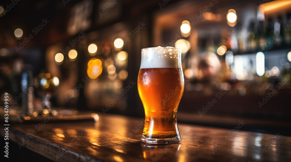 close-up craft beer on the wooden bar close-up craft beer on the wooden bar