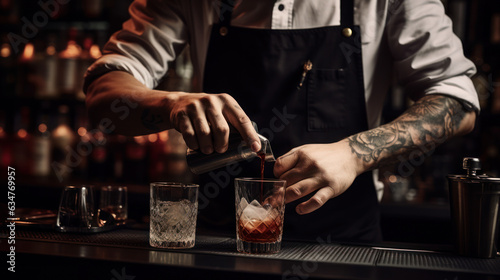 Professional bartender in black apron pours drink from shaker into glass