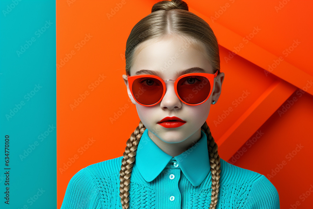 fashion young girl with braid and glasses is posing on a colorful background fashion young girl with braid and glasses is posing on a colorful background