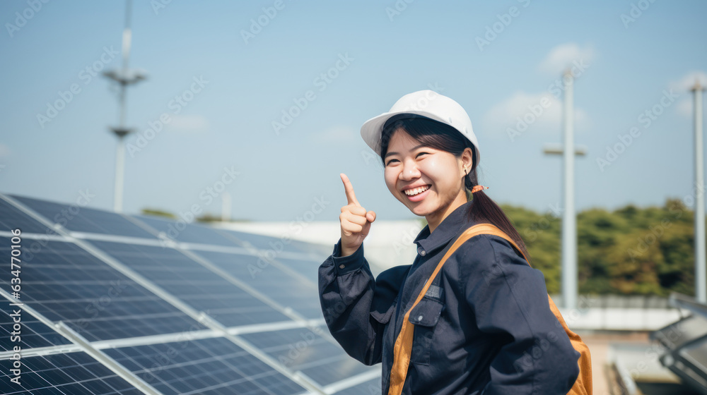 young engineer Woman With thump up in front of Solar Cell Power Plant