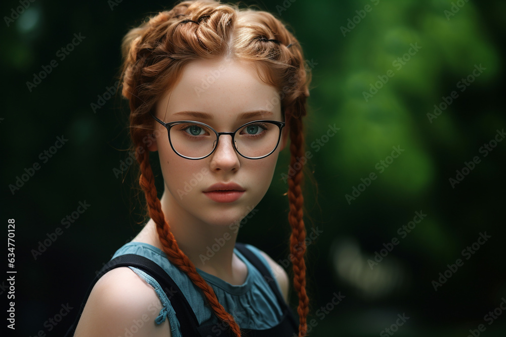 fashion young girl with braid and glasses is posing on a colorful background fashion young girl with braid and glasses is posing on a colorful background