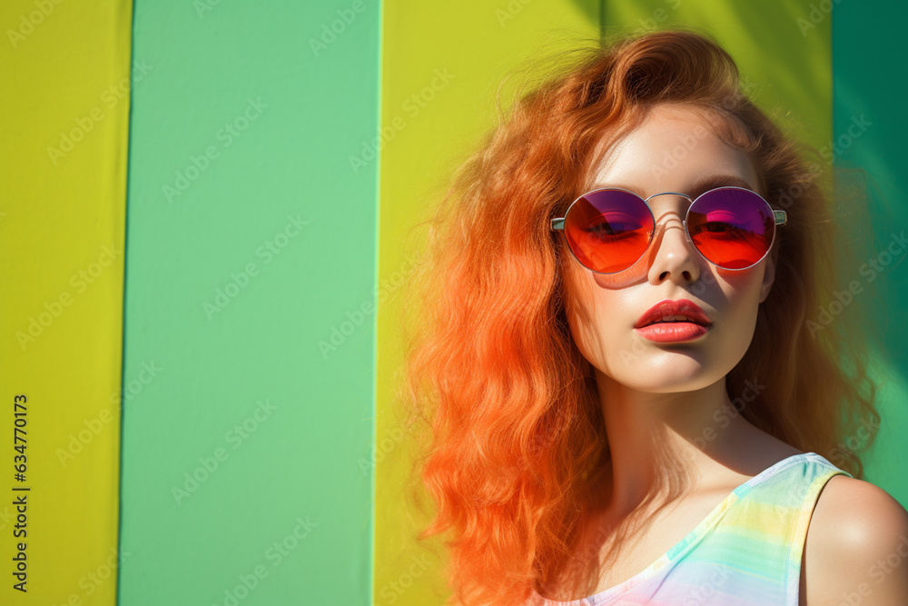 fashion lady in colorful sunglasses is posing on a colorful background