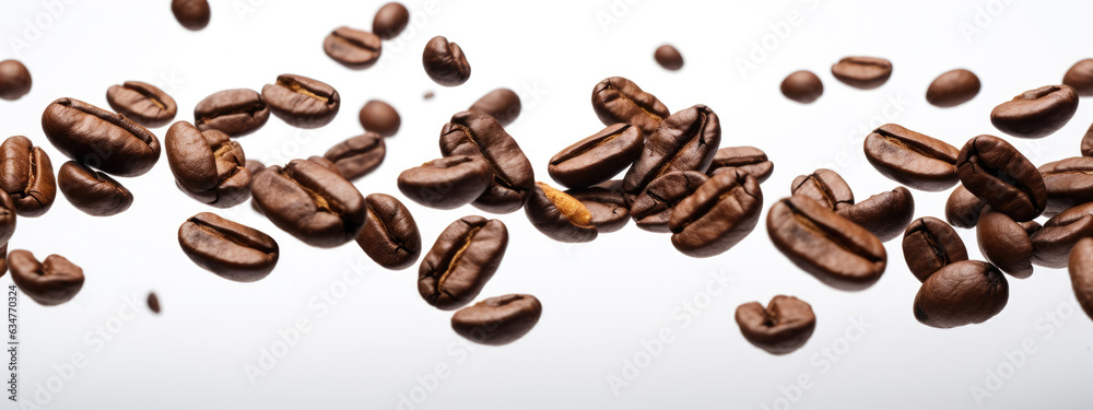 Obraz premium Coffee beans levitate on a white background. Created with Generative AI technology.