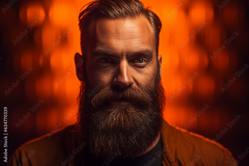 a fashion man with big beard is posing on a orange background a fashion man with big beard is posing on a orange background