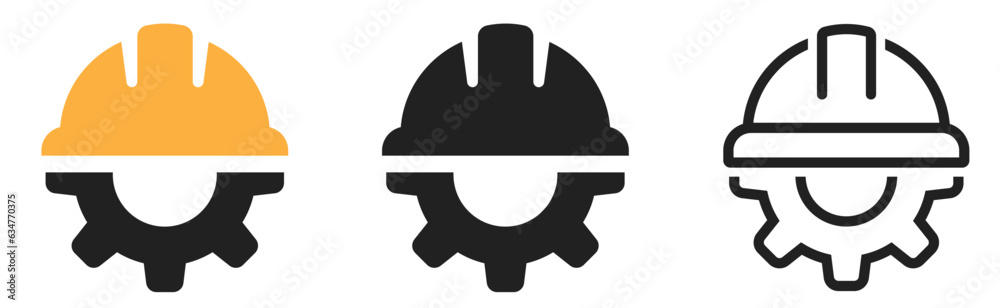 © Comauthor - Construction helmet on the gear icons set. Construction, labor and engineering symbols. Helmet and gear flat or line icon - stock vector. © Comauthor - Construction helmet on the gear icons set. Construction, labor and engineering symbols. Helmet and gear flat or line icon - stock vector.