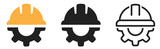 Construction helmet on the gear icons set. Construction, labor and engineering symbols. Helmet and gear flat or line icon - stock vector.