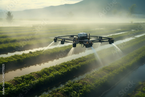 Person using drone irrigation to water the field. Modern watering concept