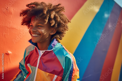 a fashion boy in a rainbow jacket smiling for the camera is posing on a rainbow background