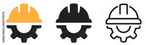 Construction helmet on the gear icons set. Construction, labor and engineering symbols. Helmet and gear flat or line icon - stock vector.