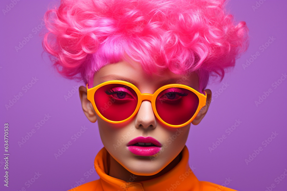 Fashion woman with colorful hair showing excited expression is posing on a background