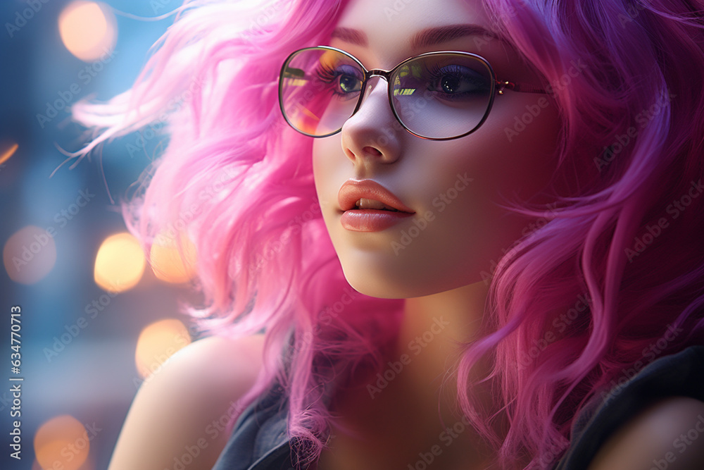 Fashion girl with pink hair and sunglasses at night in the middle of the city lights