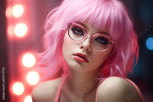 Fashion girl with pink hair and sunglasses at night in the middle of the city lights