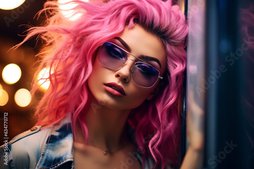 Fashion girl with pink hair and sunglasses at night in the middle of the city lights