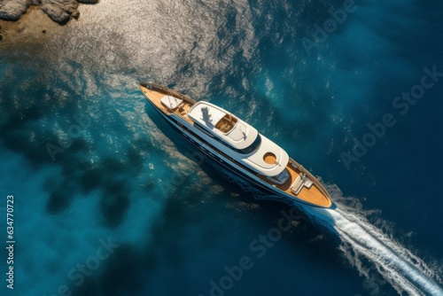 An aerial view of a luxurious yacht on the sea on a sunny day