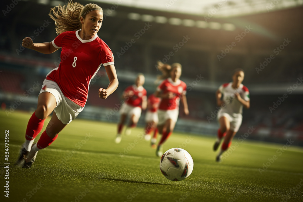 Naklejka premium Female soccer player on soccer field during evening time