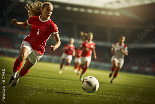 Female soccer player on soccer field during evening time