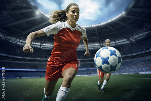 Female soccer player on soccer field during evening time