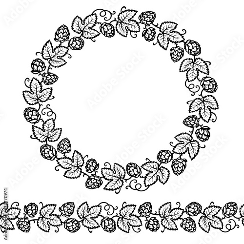 Black and white round frame and seamless border made of beer hop branches. Vector illustration.