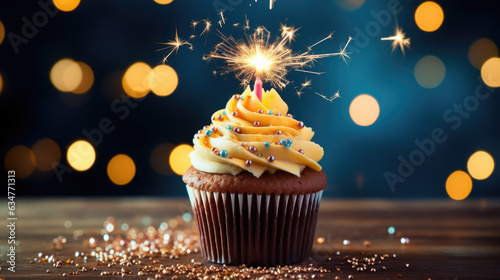 Birthday cupcake with celebration sparkler and sprinkles for a birthday party. Created with Generative AI technology.