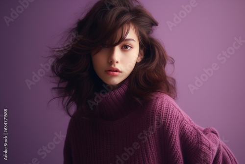 a young girl posing in purple sweatshirt leaning against a background