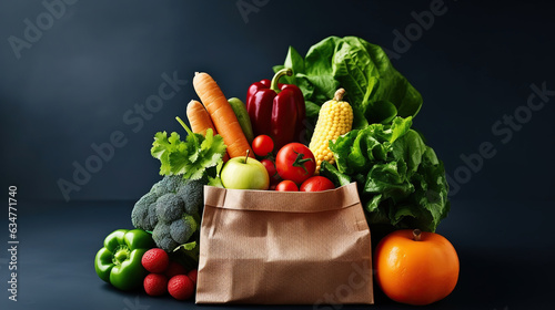 Bunch of mixed organic fruits  vegetables and greens  gourmet pile in full eco friendly shopping bag to reduce ecological footprint. Zero waste concept. Generative AI