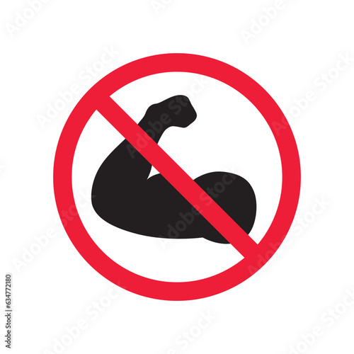 Forbidden muscle vector icon. Warning, caution, attention, restriction, label, ban, danger. No bodybuilder flat sign design pictogram symbol. No biceps icon