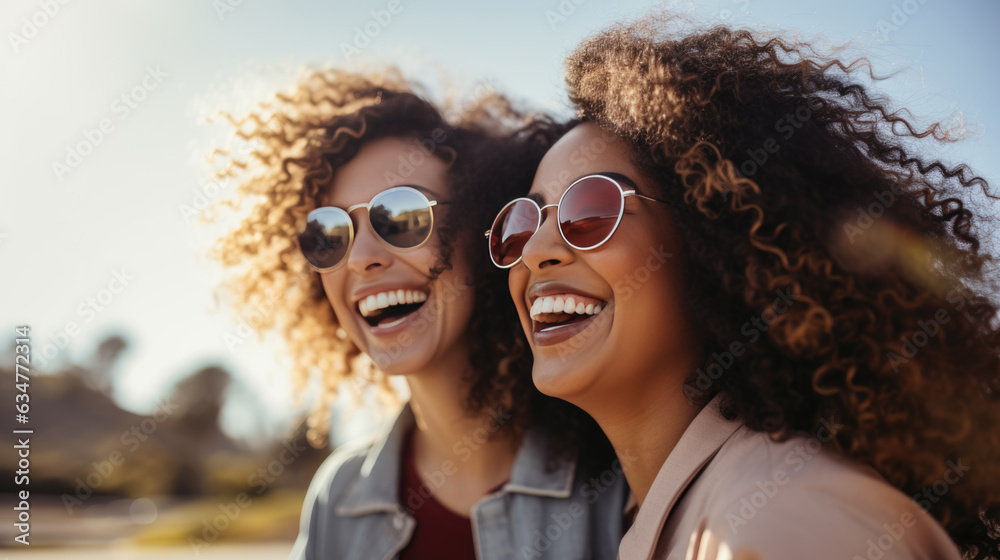 Two African-American girls smiling while traveling with sunglasses on. Created with Generative AI technology.