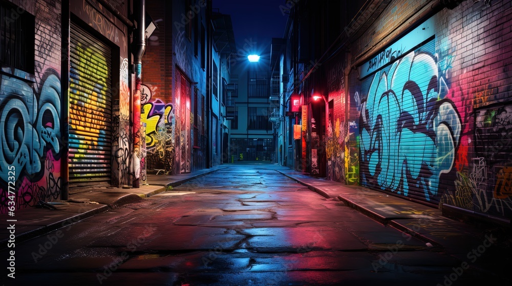 Obraz premium wet city street after rain at night time with colorful light and graffiti wall, Generative Ai