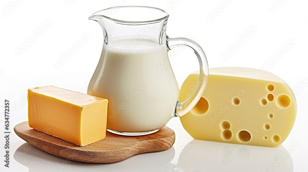 Big piece of cheese, glass jug with milk. white background. Generative AI Big piece of cheese, glass jug with milk. white background. Generative AI