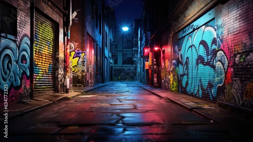 Tela wet city street after rain at night time with colorful light and graffiti wall,