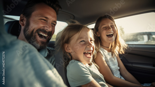 Dad and two kids riding in the car, laughing and smiling broadly as they travel. Created with Generative AI technology.