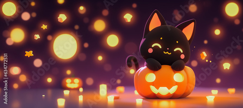 Halloween holiday cute jack o lantern pumpkin character and black cat. Cute  kawaii greeting card and decoration. Copy space