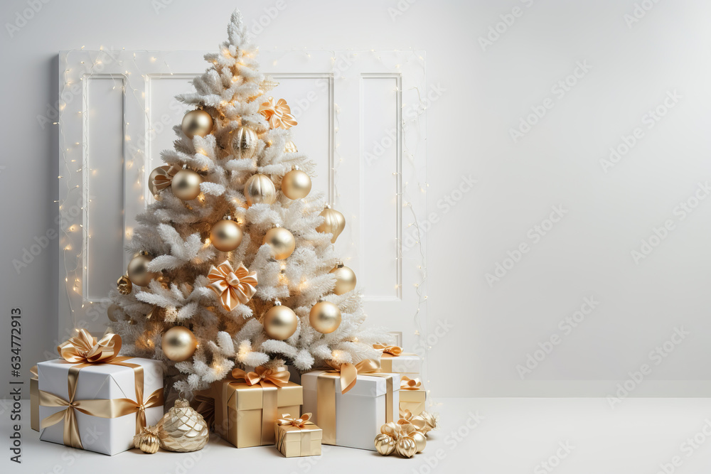 Christmas tree decorated with baubels and tinsel with lights, a star on top and presents on the floor isolated