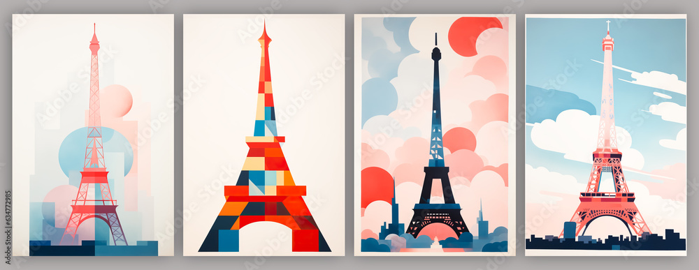 view of romantic Paris view, France. Cartoon style flat design, minimalist illustration