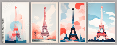 view of romantic Paris view, France. Cartoon style flat design, minimalist illustration