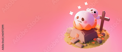 Halloween poster with grave. Place for text. 3d render illustration