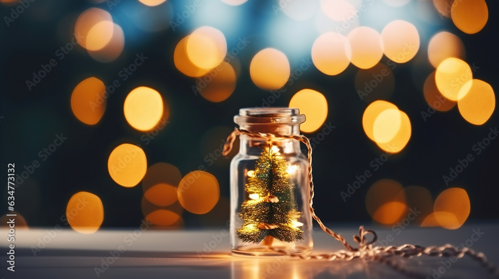 Elegant Christmas tree in glass jar with bokeh lights background, Generative AI Elegant Christmas tree in glass jar with bokeh lights background, Generative AI