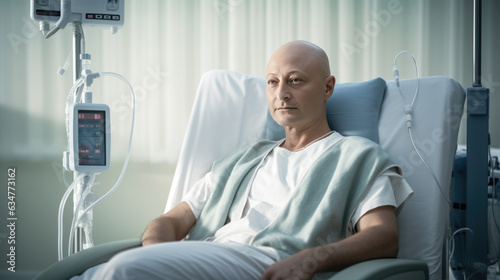 Bald man battles cancer while undergoing chemotherapy at the hospital. Created with Generative AI technology.