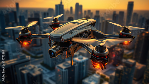 Drone flies, Capturing the Spectacular Modern Metropolis from Above. Generative AI photo