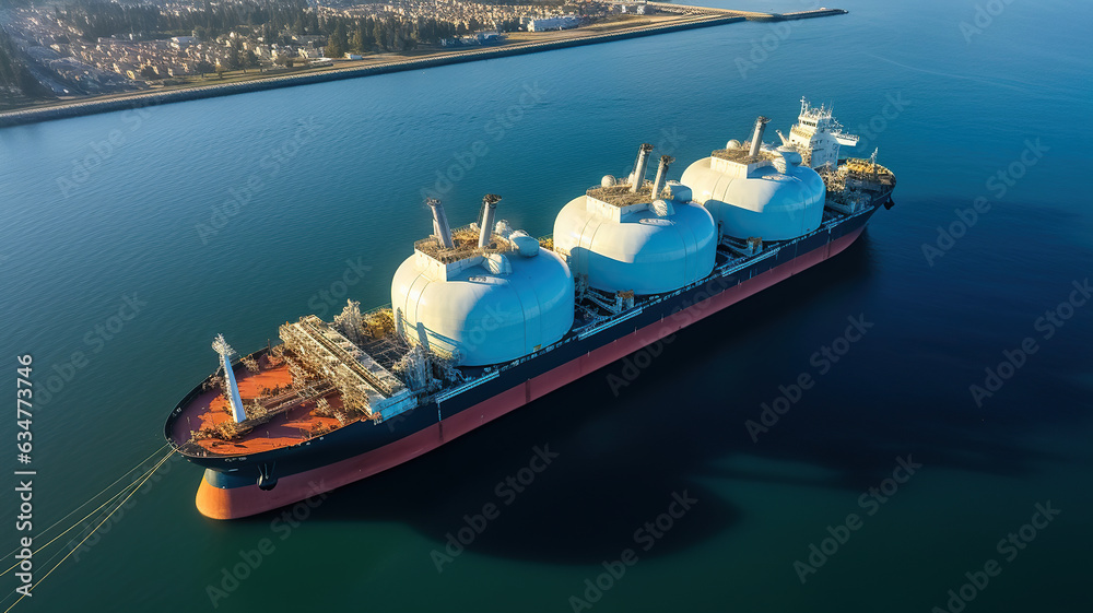 Aerial drone view of LNG tanker ship sailing on the ocean. Generative AI - obrazy, fototapety, plakaty 