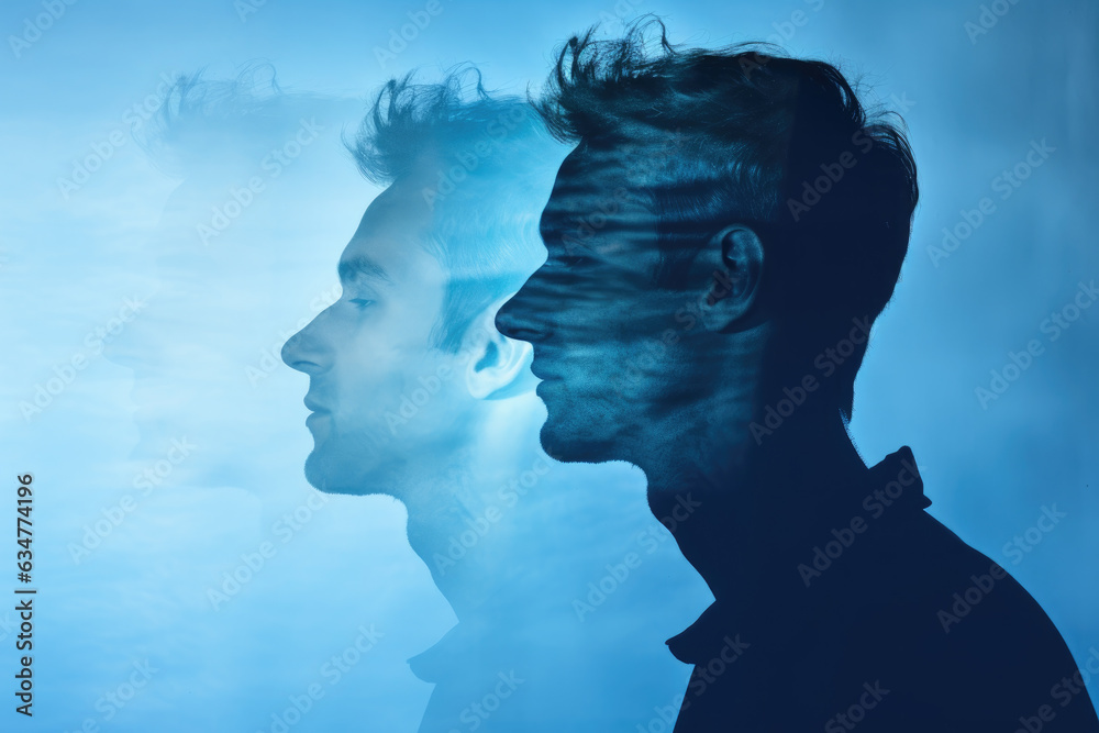Split personality disorder. Mental health or bipolar disorder concept. Dual personality. Psychology disease reflecting portrait, silhouette. Self-care and wellbeing.