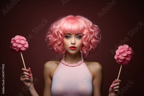 Banner of beautiful barbie doll girl with lollipops, pink hair and pink lips looking extravagant straight into the camera. Empty space place for text, copy paste. Barbie trend concept. Generative AI
