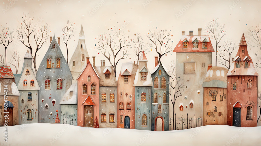 cute childhood style illustration of winter town cityscape, generative Ai