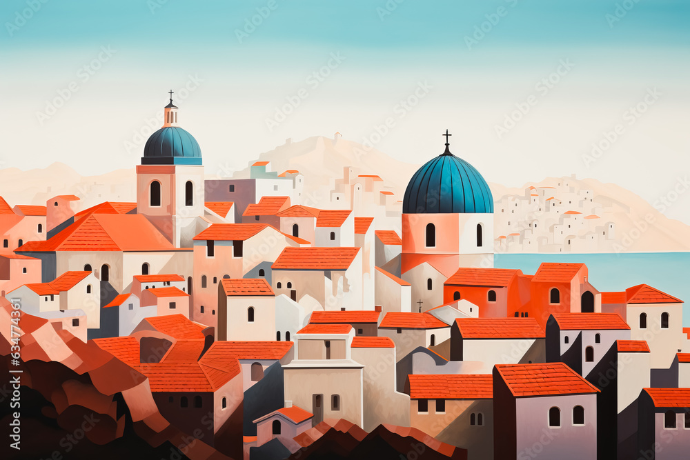 view of old city of Dubrovnik, Croatia. Cartoon style flat design, minimalist illustration